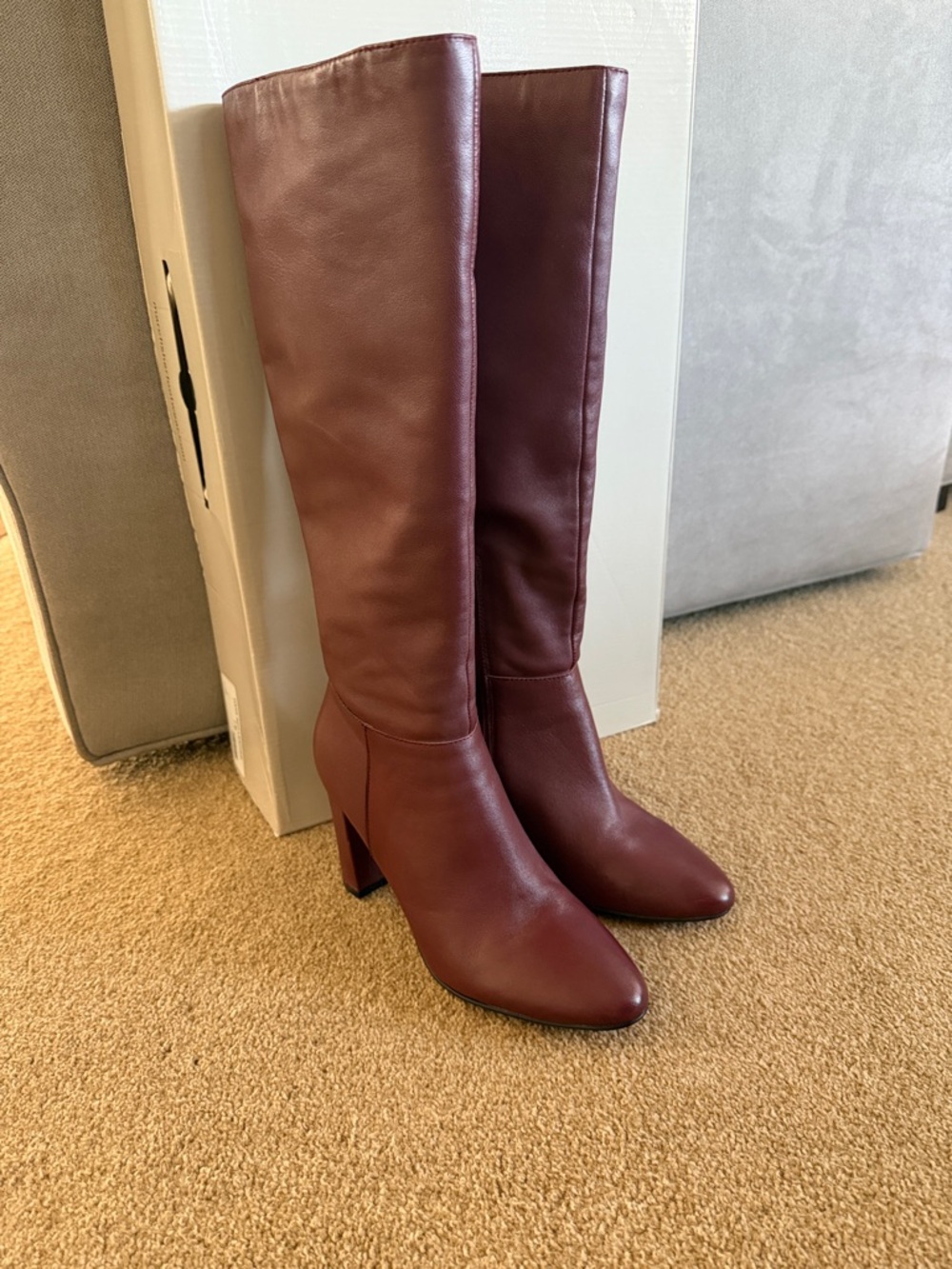 MARC FISHER Zimra Womens Size 7 Knee High Leather Boots Burgundy Red Block Heel